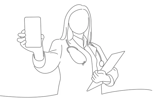 Female Doctor Clipboard Showing Phone One Line Art — Stockvector