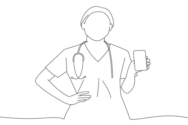 Online Medicine Doctor Scrubs Showing Smartphone Screen Line Art Style — Image vectorielle