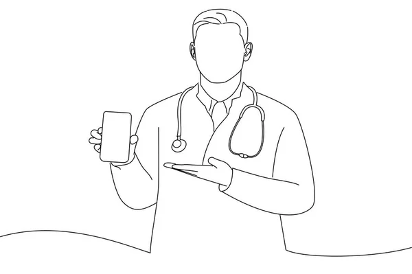 Doctor Showing Phone Copy Space Medical App Ads Oneline Art — Vector de stock