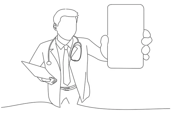 Doctor Holding Mobile Phone Outline Drawing Style Art — Stockvector