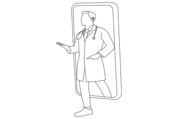 Male Doctor Stethoscope Coming Out Big Cell Phone Outline Drawing — Stockvector