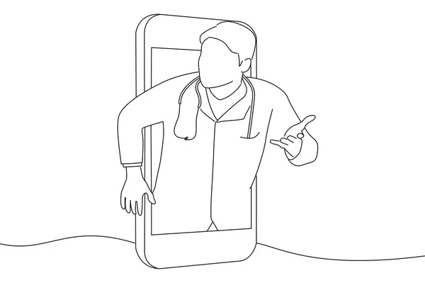 telemedicine concept with doctor and smartphone. One line art