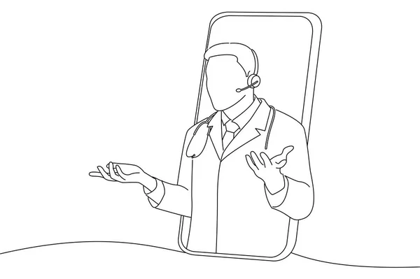 Doctor Headset Peeking Out Big Smartphone Screen Oneline Art Drawing — 图库矢量图片