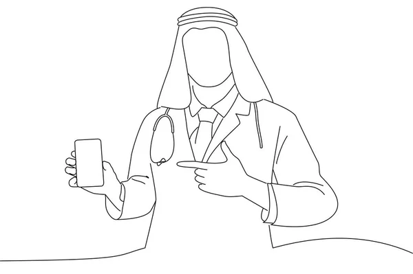 Cartoon Arabian Doctor Man Showing Cellphone Empty Screen Standing Pointing — 스톡 벡터