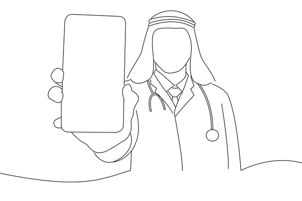 Arabian Doctor Man Holding Smartphone Copy Space Line Art Style — Vector de stoc