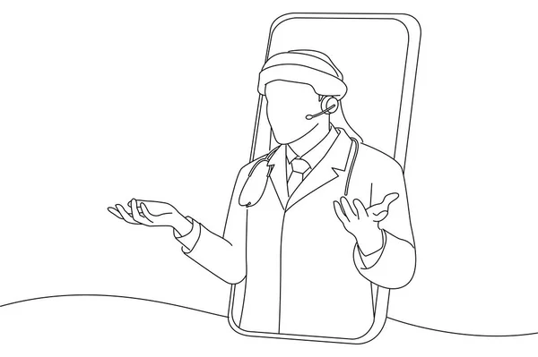 Arabian Doctor Headset Peeking Out Big Smartphone Screen Outline Drawing — Image vectorielle