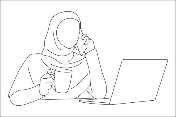 Arabic Woman Talking Mobile Phone Holding Cup Coffee One Line — Archivo Imágenes Vectoriales
