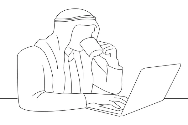 Arab Businessman Drink Coffee While Working Laptop Outline Drawing Style — Vettoriale Stock