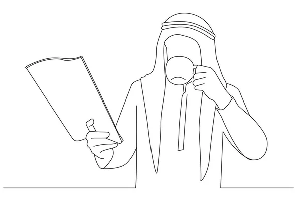 Arab Businessman Reading Newspaper Eating Breakfast Line Art Style — Image vectorielle