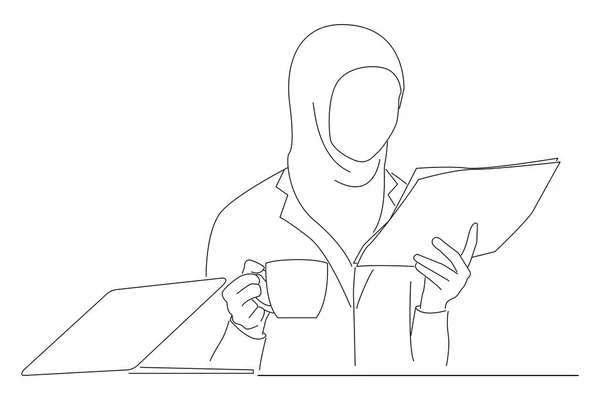 Muslim Woman Cup Coffee Reading Newspaper Oneline Art Drawing Style — Stock vektor
