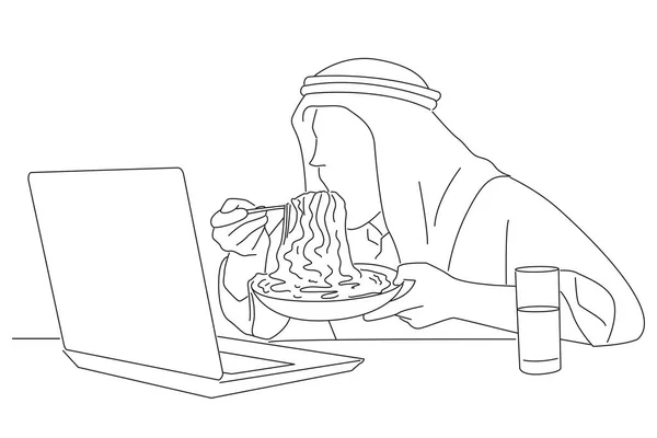 Arab Businessman Eating Pasta Front Laptop Outline Drawing Style Art — Image vectorielle