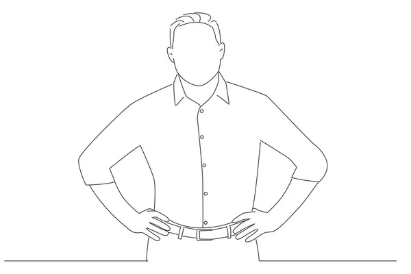 Businessman Looking Satisfied Smiling Holding Hands Waist One Line Art — Image vectorielle