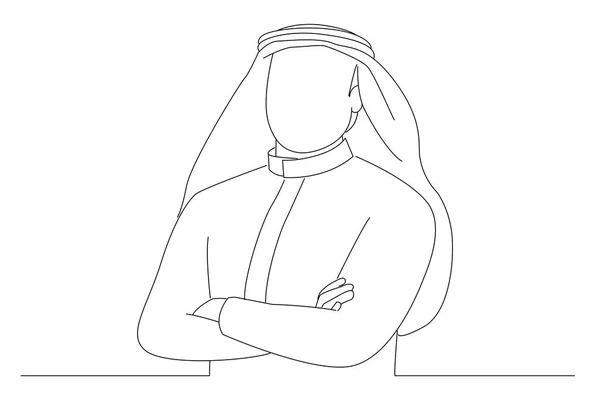 Arab Businessman Standing His Arms Crossed Outline Drawing Style Art — Stock vektor