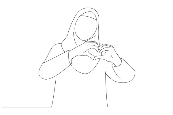 Hijab Muslim Woman Showing Heart Symbol Shape Hands One Line — Stock vektor