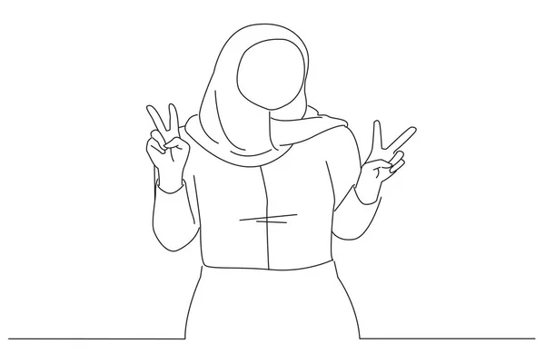 Muslim Woman Showing Peace Sign Fingers One Line Art - Stok Vektor