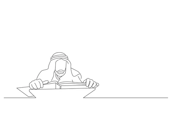 Drawing Old Muslim Man Reading Holy Quran Mosque Line Art — Vector de stock