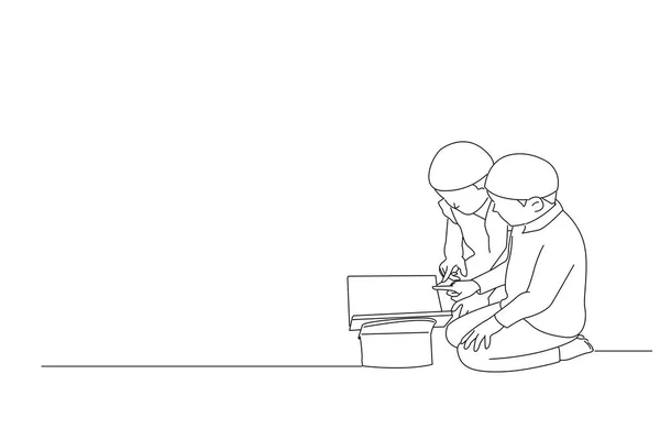 Illustration Two Little Boys Mosque Read Quran Outline Drawing Style — ストックベクタ