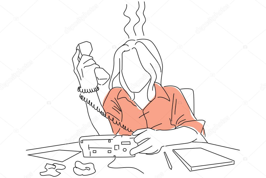 Cartoon of angry woman yelling at a office phone, unhappy with customer service. 