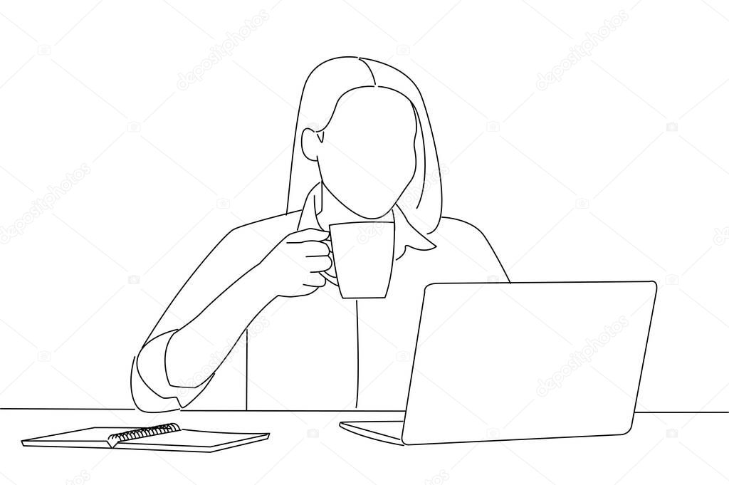 Female Office Worker Using Laptop And Drinking Coffee At Workplace. One line art