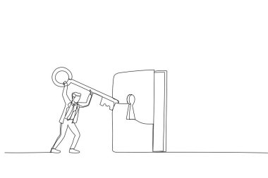 Büyük bir kitabın önünde elinde anahtar olan bir iş adamı tasviri. Yeni bilgi ve anlayış kazanma metaforu. Bir satır sanat eseri.