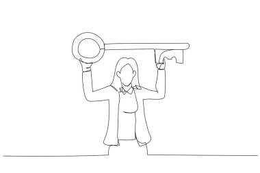 Ayakta duran iş kadını tasviri başınızın üstünde büyük bir anahtar taşıyor. Stratejik anahtar fikirlere sahip olmanın metaforu. Bir satır sanat eseri.