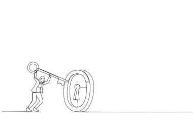 Akıllı bir iş kadını yatırımcının bozuk para deliğini açmak için büyük bir anahtar tuttuğu görüntüsü. Finansal başarı için metafor, yatırım fırsatı ve kâr kazancı. Bir satır biçimi ar