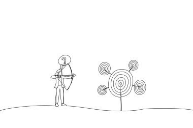 Ok ve yay ile iş kadını tasviri birden fazla hedefe bakıyor ve hangi hedefe ateş edileceğine karar veremiyor. Çoklu görev ve öncelik metaforu. Bir satır sanat eseri.