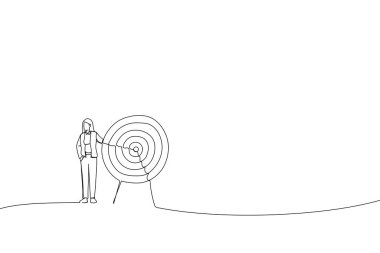 Karikatürde iş kadını, ortasında ok olan kocaman bir hedefin yanında duruyordu. Hedefe ve hedefe ulaşmak için metafor. Aralıksız satır ar
