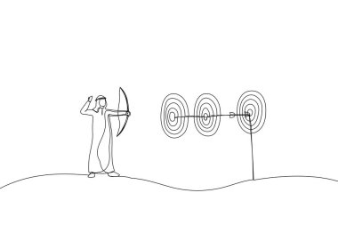 Zeki Arap işadamı okçuluğunun çizgi filmi tek okla birden fazla hedefi vurdu. Tek hareketle tamamlanmış birden fazla görev için metafor. Tek satır aralıksız sanat styl