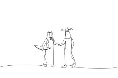 Riskli elmalı okçuluk gösterisi bittikten sonra iş adamlarının el sıkışması. Güvenilir ortak, iş ilişkisi, işbirliği için metafor. Bir satır sanat eseri.