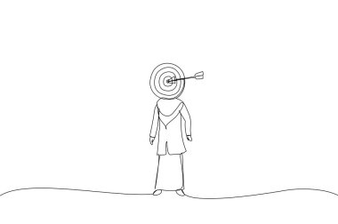 Müslüman iş kadını karikatürü, ticari rekabet hedefi için bir metafor olan insan hedef konumunda. Aralıksız çizgi sanatsal styl