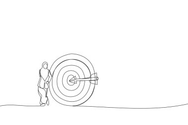 Karikatürde, okçuluk hedefine ok atan müslüman iş kadını duruşu. İş hedefi, amaç ya da hedef için metafor. Tek satır aralıksız sanat styl