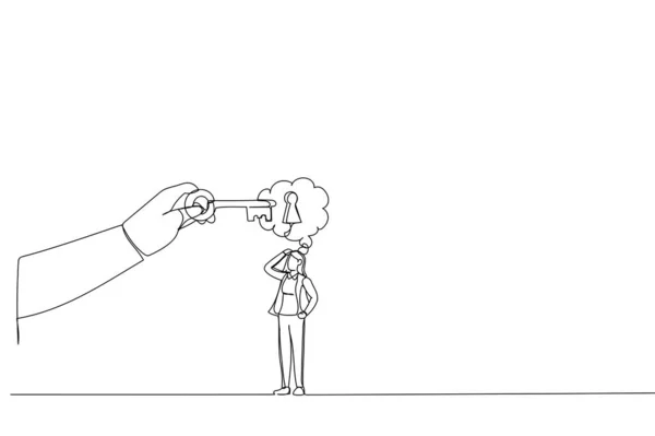 Zeichnung Von Geschäftsfrau Mit Idee Als Schlüsselloch Mit Helfender Hand — Stockvektor