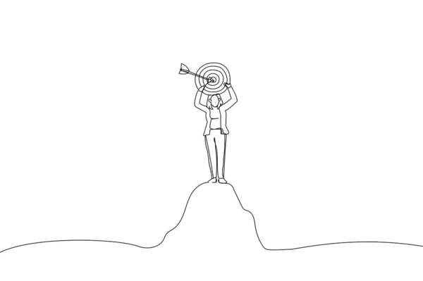 Карикатура Бизнесвумен Держащих Целевую Доску Вершине Горы Метафора Цели Цели — стоковый вектор