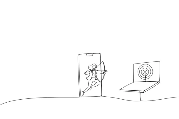 Карикатура Деловую Женщину Мобильного Приложения Нацеленного Цель Другой Компьютерный Ноутбук — стоковый вектор