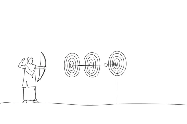 Cartoon Smart Muslim Businesswoman Archery Hit Multiple Bullseye Single Arrow — Stock Vector