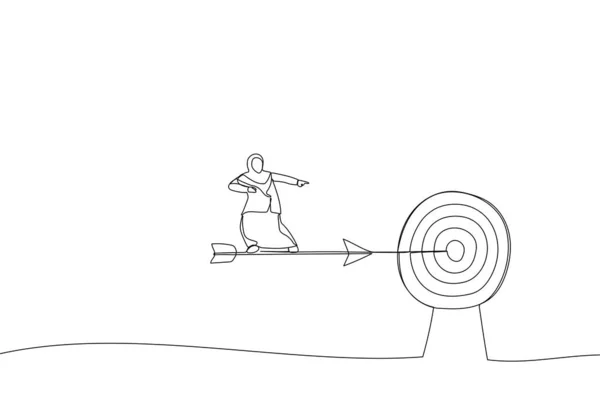 Карикатура Мусульманку Предпринимательницу Катающуюся Стреле Стиль Непрерывного Линейного Искусства — стоковый вектор