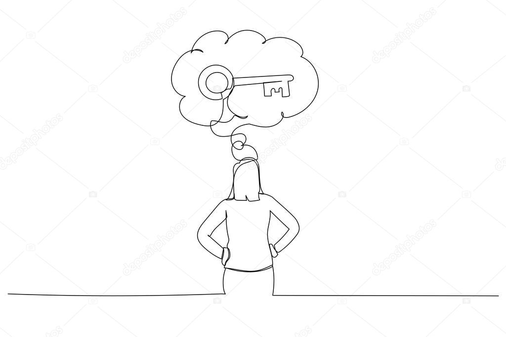 Drawing of businesswoman thinking about key to success. Single line art styl
