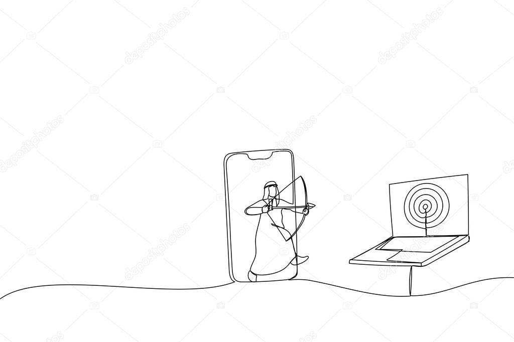 Cartoon of arab businessman from mobile app aiming target and other computer laptop. Metaphor for remarketing or behavioral retargeting in digital advertising. Single continuous line art styl