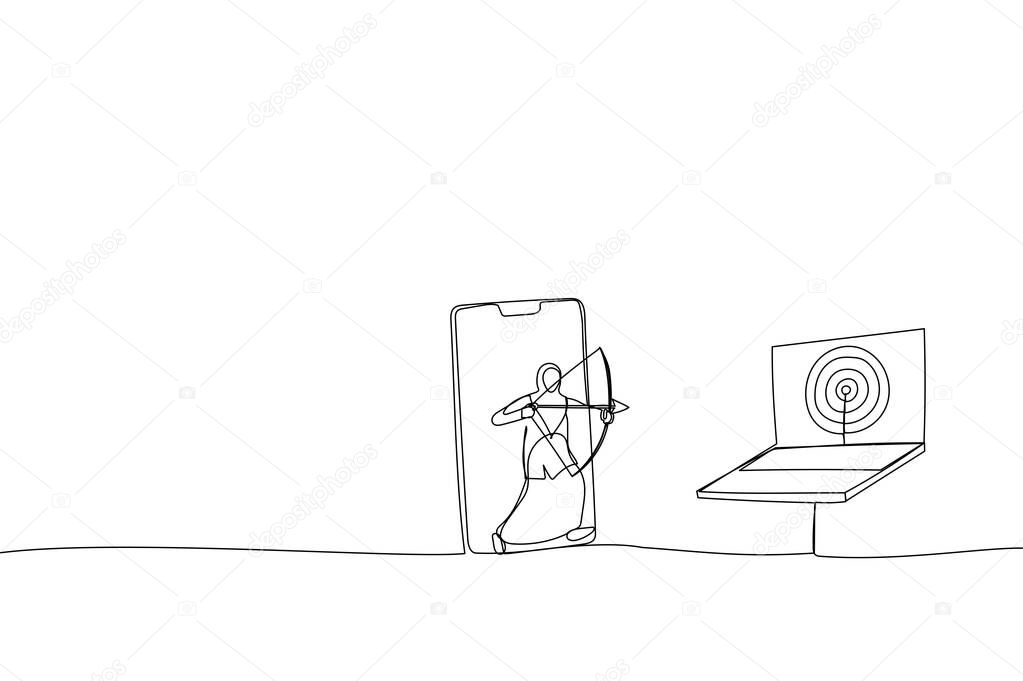 Cartoon of muslim businesswoman from mobile app aiming target and other computer laptop. Metaphor for remarketing or behavioral retargeting in digital advertising. Single continuous line art styl