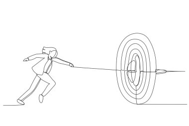 İş kadını çizimi koşar ve bir hedefe mızrak fırlatır. Amaç için metafor, doğruluk ve beceri. Tek satır aralıksız sanat styl