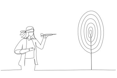 Illustration of confused businesswoman blindfold throwing dart. Metaphor for unclear target or blind business vision, leadership failure. Single continuous line art styl clipart