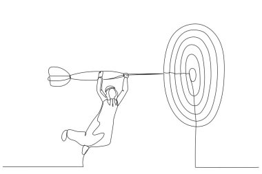 Hedefe giden okun üzerinde uçan Arap iş adamı çizgi filmi. İş illüstrasyonu kavramı. Bir tane aralıksız resim stili.