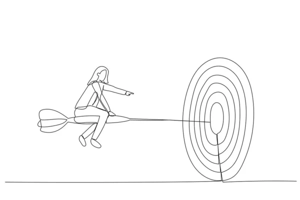 Ilustracja Pewnej Siebie Bizneswoman Jadącej Strzałką Kierunku Celu Metafora Celu — Wektor stockowy