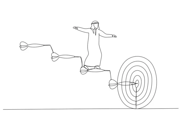 Dibujo Del Hombre Negocios Árabe Sube Las Escaleras Flechas Hasta — Vector de stock