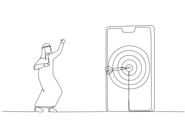 矢印でモバイルでアラブのビジネスマンのヒットターゲットの描画 連続線型Ar — ストックベクタ