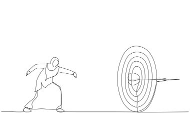 İş kadını çizimi koşar ve bir hedefe mızrak fırlatır. Amaç için metafor, doğruluk ve beceri. Bir satır sanat eseri.
