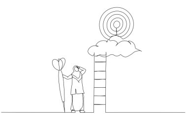 Hırslı iş kadınının çizgi filmi bulutta hedefini yüksek tutuyor. Büyük hayaller için metafor yüksek hedefler, hırs ve meydan okuma. Tek satır resim stili