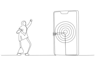 İş kadını tasviri cep telefonunda hedefi okla vurdu. Aralıksız çizgi sanatsal styl