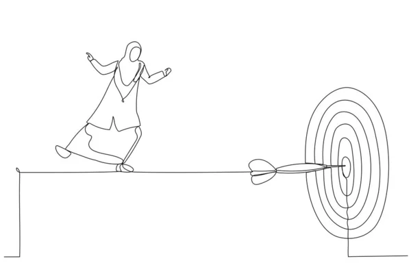 Cartoon Van Bekwame Zakenvrouw Acrobaat Lopen Touw Bullseye Dart Doel — Stockvector